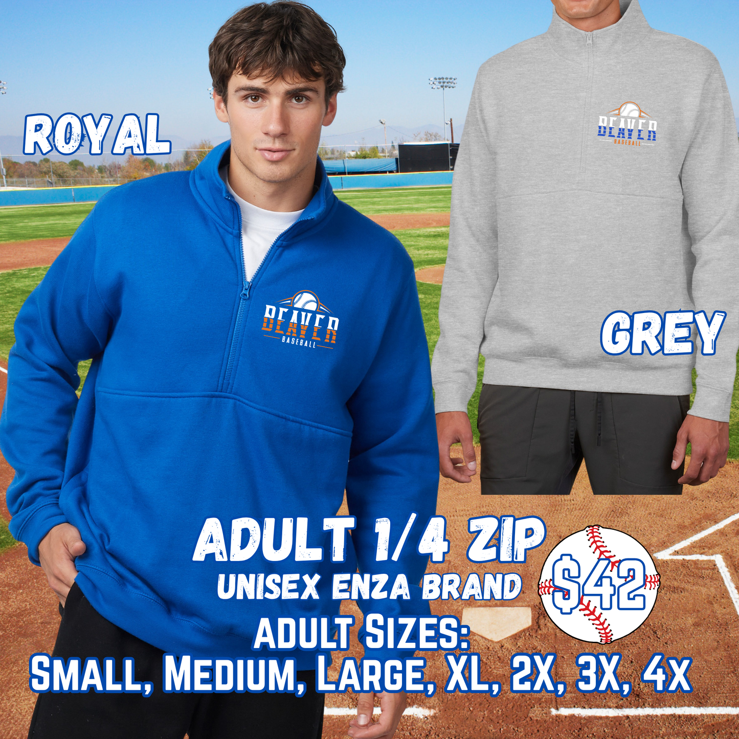 BEAVER BASEBALL ADULT 1/4 Zip Crewneck