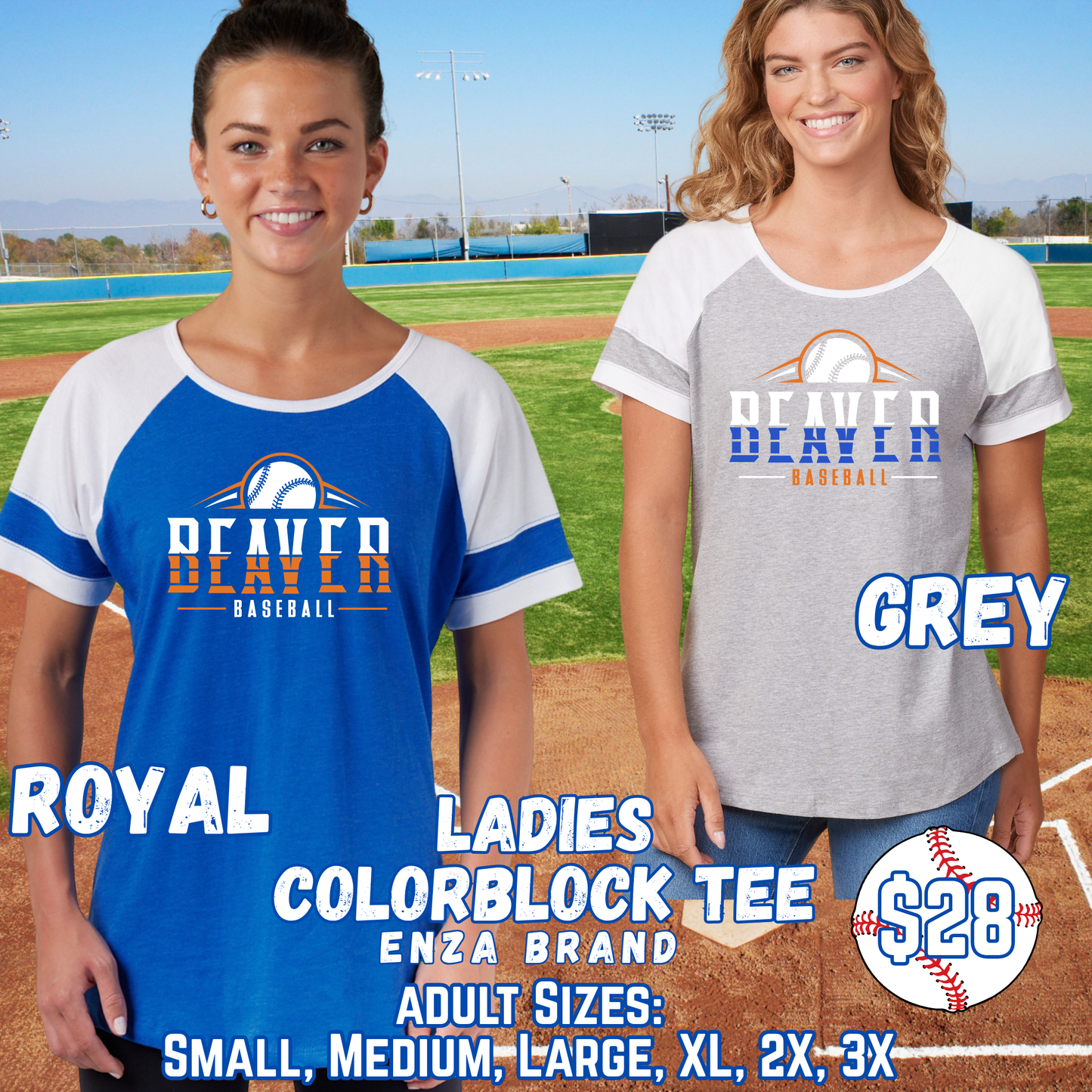 BEAVER BASEBALL ADULT Ladies Color Block Short Sleeve Tee