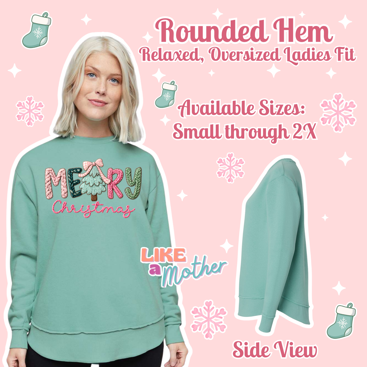 Faux Crochet Merry Christmas Ladies Rounded Hem Crewneck