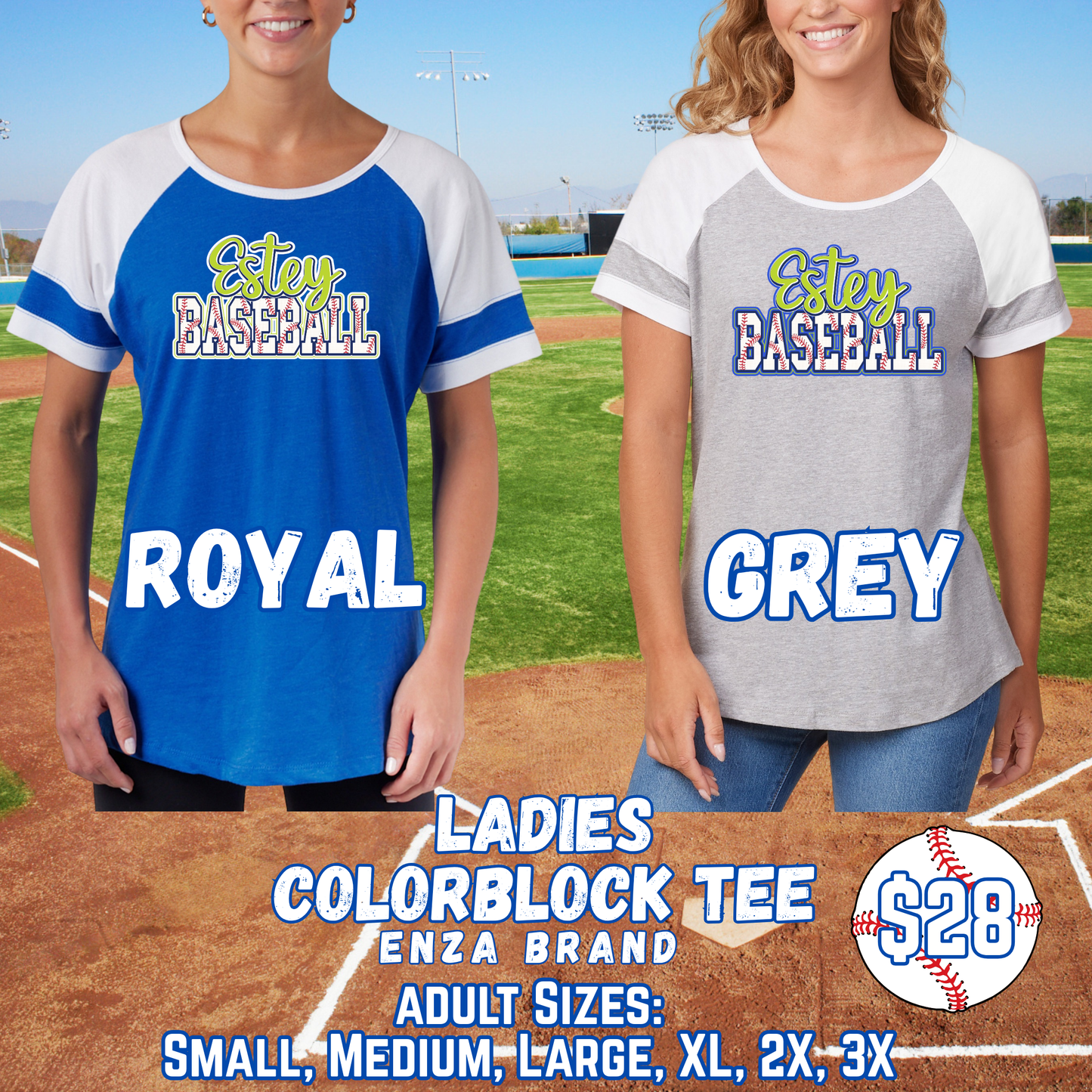 ESTEY BASEBALL ADULT Ladies Color Block Short Sleeve Tee