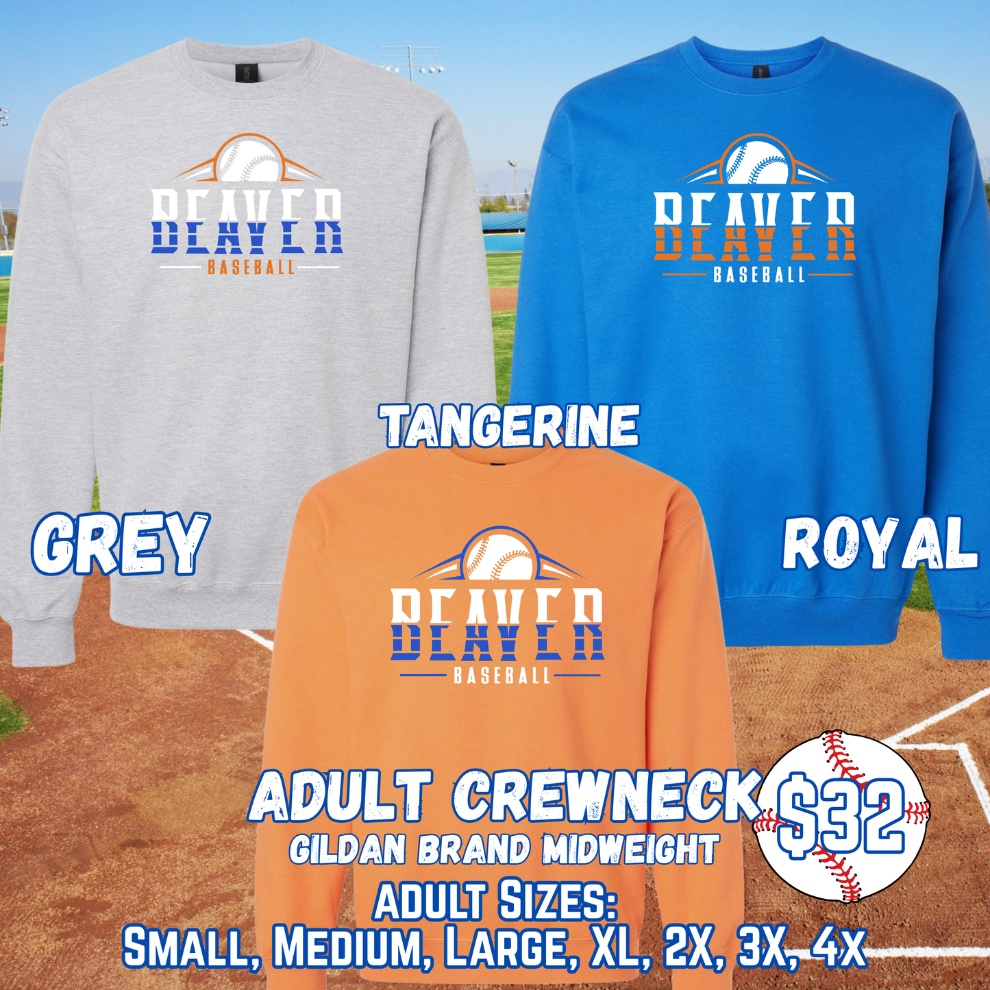 BEAVER BASEBALL ADULT Crewneck (Gildan)