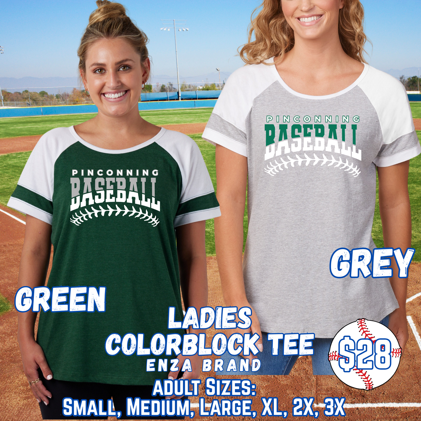 PINCONNING BASEBALL ADULT Ladies Color Block Short Sleeve Tee Design 1
