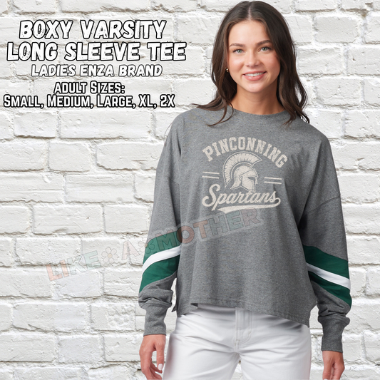 PINCONNING SPARTANS Ladies Boxy Varsity Long Sleeve Tee (Vintage Design)