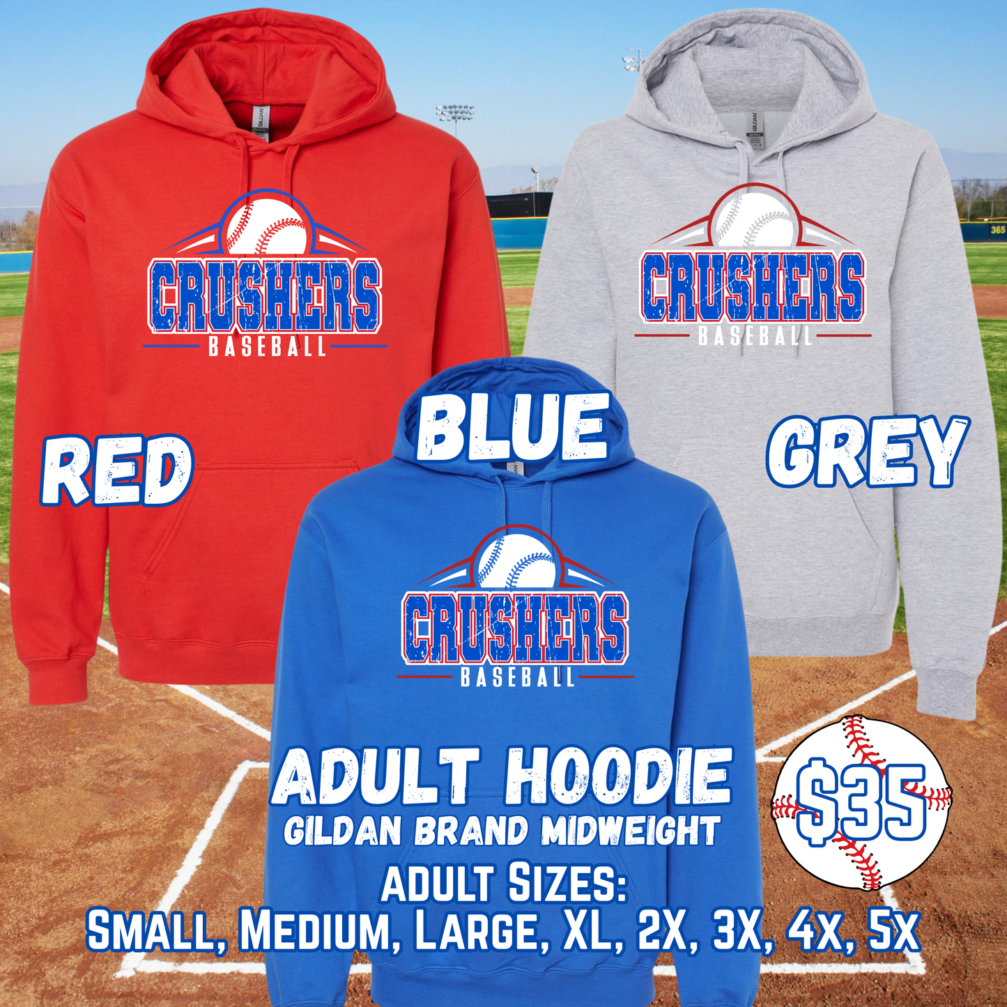 CRUSHERS BASEBALL ADULT Hooded Sweatshirt (GILDAN)