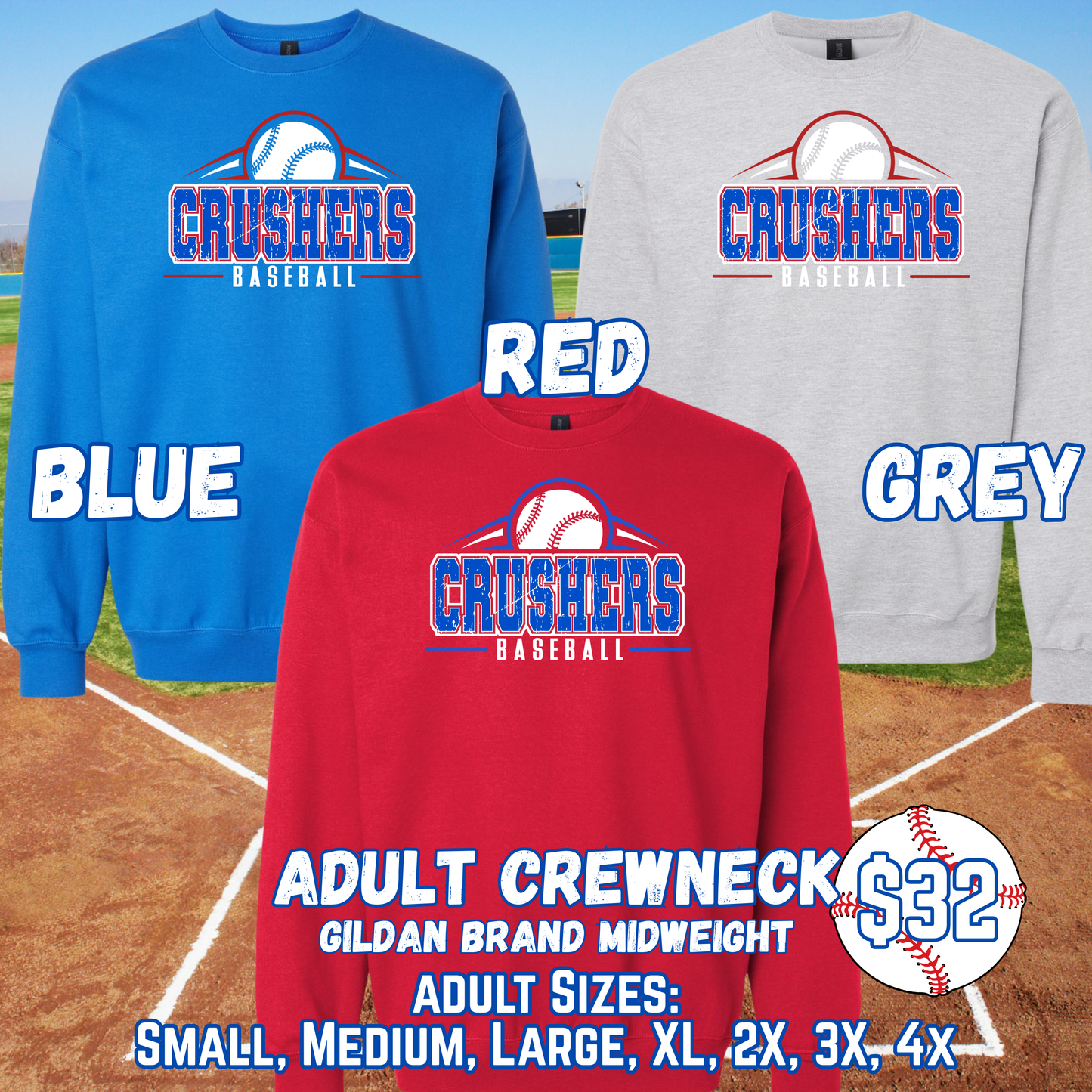 CRUSHERS BASEBALL ADULT Crewneck (Gildan)