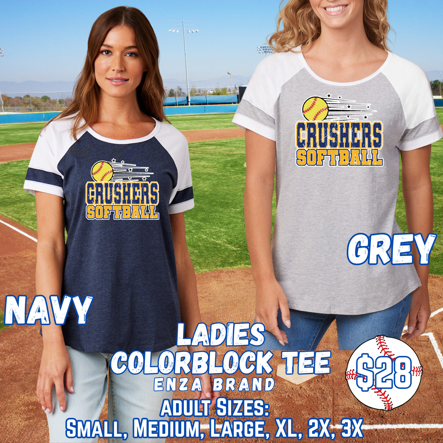 CRUSHERS SOFTBALL ADULT Ladies Color Block Short Sleeve Tee
